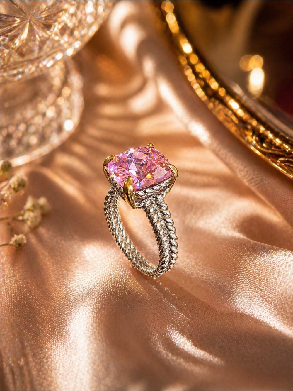 14k White Gold - Filled Elegant Pink Cushion-Cut Ring with Twisted Silver Band